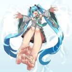  1girl 39 absurdly_long_hair aqua_eyes aqua_hair armpits bangs bare_legs bare_shoulders barefoot belt blue_necktie breasts detached_sleeves eiji_(eiji) feet foot_focus foreshortening full_body hair_between_eyes hair_ribbon hatsune_miku highres long_hair looking_at_viewer medium_breasts nail_polish necktie open_mouth outstretched_arms pleated_skirt ribbon skirt soles solo tail thighs toenail_polish toenails toes twintails very_long_hair vocaloid vocaloid_append wide_sleeves 