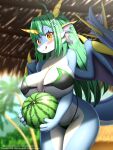 &lt;3 &lt;3_eyes 3:4 absurd_res anthro big_breasts bikini blush breasts clothed clothing dragon faroula_twitt female fingers food fruit hair hi_res looking_at_viewer melon plant smile solo swimwear tongue watermelon wings 