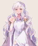  1girl bangs bare_shoulders circlet deirdre_(fire_emblem) dress fes4 fire_emblem fire_emblem:_genealogy_of_the_holy_war hair_between_eyes highres light_purple_hair long_hair long_sleeves looking_at_viewer parted_lips purple_dress purple_eyes solo twitter_username very_long_hair wide_sleeves 