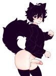  absurd_res animal_humanoid balls bedroom_eyes black_body black_fur black_hair blush blush_lines bottomless bottomless_humanoid bottomless_male bro_aniki cat_humanoid clothed clothing doomer_(bro_aniki) doomer_(meme) erection fangs felid felid_humanoid feline feline_humanoid fluffy fluffy_tail fur genitals girly hair half-closed_eyes hi_res hoodie humanoid humanoid_genitalia humanoid_penis inviting legwear looking_at_viewer male mammal mammal_humanoid narrowed_eyes penis raised_tail seductive simple_background smile solo stockings tan_body tan_skin topwear white_background 