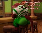  2022 3d_(artwork) albalbalb anthro bubble_butt butt cafe chair clothed clothing crossed_arms digital_media_(artwork) dragon english_text fully_clothed furniture giana_sisters gurglewocky_(giana_sisters) half-closed_eyes hi_res looking_back male musclegut narrowed_eyes on_chair scalie sitting sitting_on_chair smile solo text wings 
