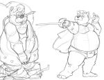  2022 anthro badger belly big_belly bravo bulge cape clothing duo eyewear facial_hair glasses humanoid_hands male mammal mature_male mephitid monochrome mustache mustelid musteline overweight overweight_male sketch skunk underwear weapon 