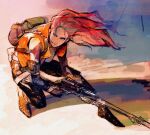  animification backpack bag black_pants blue_eyes floating_hair gun hair_behind_ear headset holding holding_gun holding_weapon jacket leaning_forward looking_to_the_side mzzi orange_jacket pants playerunknown&#039;s_battlegrounds red_hair rifle sara_(pubg) sketch sleeveless sleeveless_jacket sniper_rifle squatting weapon 