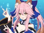  1girl animal_ear_fluff animal_ears bare_shoulders blue_kimono blue_ribbon blush breasts cleavage detached_sleeves double_fox_shadow_puppet fate/extella fate/extra fate/extra_ccc fate/grand_order fate_(series) fox_ears fox_girl fox_shadow_puppet fox_tail hair_ribbon highres japanese_clothes kimono large_breasts looking_at_viewer pink_hair ribbon solo tail tamamo_(fate) tamamo_no_mae_(fate/extra) yellow_eyes yoriteruru 