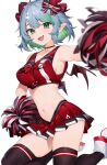  1girl :d absurdres armpits bare_shoulders black_choker black_thighhighs blurry bow breasts bsapricot_(vtuber) cheerleader choker colored_inner_hair crop_top depth_of_field fang gradient_hair green_eyes green_hair grey_hair hair_bow hand_on_hip highres holding holding_pom_poms horns legs_up looking_at_viewer medium_breasts midriff miniskirt multicolored_hair navel navel_piercing neonbeat open_mouth outstretched_arm piercing pleated_skirt pointy_ears pom_pom_(cheerleading) red_shirt red_skirt revealing_clothes scarz shirt shoes short_hair sidelocks simple_background skirt sleeveless sleeveless_shirt smile solo stomach thighhighs thighs two-tone_hair virtual_youtuber vshojo white_background white_footwear zettai_ryouiki 