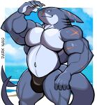  2022 absurd_res anthro artist_name barazoku beach belly biceps big_muscles border bulge claws clothed clothing cloud darknaigart day fin fish gills hi_res huge_muscles male marine musclegut muscular muscular_anthro muscular_male navel obliques outside pecs sand scar seaside shark sky smile solo speedo standing swimwear thick_thighs topless topless_anthro topless_male water white_border 