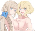  2girls blonde_hair blue_bow blue_eyes bow braid breast_press breasts colorado_(kancolle) completely_nude highres kantai_collection ken_(shutenndouji1) large_breasts long_hair maryland_(kancolle) multiple_girls nude open_mouth side_braids symmetrical_docking upper_body white_background yuri 