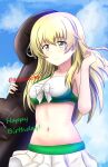  1girl bangs bikini bikini_skirt blonde_hair blue_sky bow bow_bikini breasts carpaccio_(girls_und_panzer) closed_mouth cloud cloudy_sky cowboy_shot day english_text girls_und_panzer green_eyes happy_birthday highres holding inflatable_toy long_hair looking_at_viewer medium_breasts navel outdoors redbaron sky smile solo standing swimsuit twitter_username white_bikini wind 