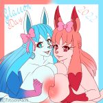  absurd_res anthro big_breasts blue_body blue_eyes blue_hair breasts duo eeveelution female female/female generation_4_pokemon glaceon hair hand_on_breast hi_res looking_at_viewer nintendo nipples open_mouth orange_body orange_hair passionateathene pokemon pokemon_(species) pokemorph video_games 