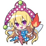  1girl american_flag american_flag_legwear american_flag_print blonde_hair blush chibi clownpiece flag_print full_body highres holding holding_torch long_hair looking_at_viewer open_mouth pantyhose purple_eyes smile solo torch touhou v yoriteruru 