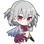  1girl angel_wings blush bow chibi closed_mouth expressionless full_body grey_hair highres kishin_sagume long_sleeves looking_at_viewer red_bow red_eyes short_hair solo touhou transparent_background wings yoriteruru 