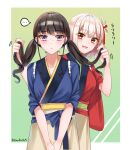  ... 2girls artist_name bangs black_hair blonde_hair blue_kimono blush bob_cut commentary_request grabbing_another&#039;s_hair hair_ribbon highres inoue_takina japanese_clothes kimono lemon_t long_hair looking_at_viewer lycoris_recoil multiple_girls nishikigi_chisato open_mouth purple_eyes red_eyes red_kimono red_ribbon ribbon short_hair spoken_ellipsis translation_request twintails twitter_username watermark 