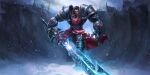  1boy absurdres alternate_costume armor artist_request aura bad_source battlefield black_hair blue_eyes boots cape clothes_lift cloud cloudy_sky dreadknight_garen fantasy frozen garen_(league_of_legends) gauntlets gem highres league_of_legends long_sword looking_at_viewer male_focus mature_male official_alternate_costume official_art outdoors short_hair shoulder_armor skirt skirt_lift sky snow snowing solo sword weapon 