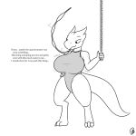  1:1 2022 absurd_res anthro big_breasts breasts clothing dialogue digital_drawing_(artwork) digital_media_(artwork) digitigrade english_text female hand_on_hip hi_res holding_object horn keinga kobold kommi_hornblow line_art looking_at_breasts looking_at_self monochrome narrowed_eyes scalie signature solo sound_effects standing swimwear text thick_tail thick_thighs tube 