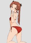  1girl ass back bangs bikini black_bow bow brown_eyes brown_hair commentary from_behind girls_und_panzer grey_background grin hair_bow half-closed_eyes halterneck kadotani_anzu kneeling long_hair looking_at_viewer looking_back ngc20701 parted_bangs red_bikini side-tie_bikini_bottom simple_background smile smirk solo swimsuit twintails v 
