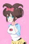  :o black_pantyhose blue_eyes bow brown_hair cinnamoroll double_bun doughnut_hair_bun hair_bun hand_up highres legwear_under_shorts pantyhose pink_background pink_bow poke_ball_print pokemon pokemon_(game) pokemon_bw2 raglan_sleeves rosa_(pokemon) sanrio short_shorts shorts simple_background standing yellow_shorts 