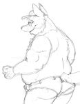  2022 anthro belly big_belly bravo butt canid canine canis eyewear glasses hi_res humanoid_hands male mammal mature_male monochrome overweight overweight_male simple_background sketch solo wolf 