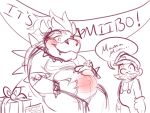  anthro baby baby_shower banner belly blush bowser celebration collar dinosaur duo gift gift_bow gift_box hi_res human humanoid letter male male/male mammal mario mario_bros navel nintendo pregnancyart pregnant pregnant_male reptile scalie speech_bubble spiked_collar spikes text turtle valenpornarc video_games young 