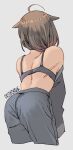  1girl ahoge ass back black_bra black_pants bra brown_hair commentary_request cropped_legs ergot from_behind grey_background hair_flaps highres kantai_collection pants shigure_(kancolle) shigure_kai_ni_(kancolle) signature simple_background solo underwear undressing 