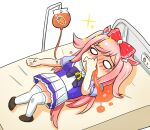  0_0 1girl agnes_digital_(umamusume) blood blush bow brown_footwear carrot carrot_juice hair_bow highres intravenous_drip long_hair lying nosebleed on_back on_bed pink_hair purple_serafuku school_uniform serafuku skirt solo sparkle thighhighs tracen_school_uniform umamusume white_thighhighs whitelily_bread 