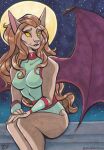  2022 anthro breasts clothed clothing disney felid female gargoyles hair maggie_reed_(gargoyles) mammal moon mutate_(gargoyles) night open_mouth sitting sky solo star starry_sky stray-sketches traditional_media_(artwork) wings yellow_eyes 