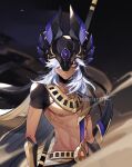  1boy abs animal_ears arabian_clothes bangs belt black_background black_cape black_choker black_headwear cape choker closed_mouth cyno_(genshin_impact) dark-skinned_male dark_skin genshin_impact hair_over_one_eye hat highres jackal_ears kanz_(kanziepooh) long_hair looking_at_viewer male_focus navel one_eye_covered orange_eyes short_sleeves signature solo watermark weapon white_hair 
