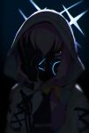  1girl atsuko_(blue_archive) backlighting blue_archive dark darkness gas_mask hair_between_eyes halo hand_on_own_face highres hood hooded_jacket jacket long_sleeves mask one_eye_covered sena_yuuta solo white_jacket 