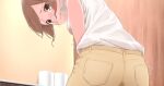 1girl ass bangs bathroom blush breasts brown_hair commentary_request cropped embarrassed from_behind have_to_pee indoors leaning_forward looking_down nose_blush open_mouth original pants peeing peeing_self pocket shirt shirt_tucked_in short_hair short_sleeves small_breasts solo standing swept_bangs tears toilet_paper urabe_miyabi wet wet_clothes white_shirt yellow_eyes yellow_pants 