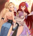  2girls ahoge ass back bangs bare_shoulders black_gloves blonde_hair blue_dress blue_eyes blush breasts brown_eyes collarbone djeeta_(granblue_fantasy) dress earrings elbow_gloves fumafu gloves godsworn_alexiel granblue_fantasy hairband halter_dress halterneck highres jewelry large_breasts long_hair looking_at_viewer looking_back multiple_girls pelvic_curtain red_hair short_hair short_ponytail sideboob smart_elegance_(granblue_fantasy) smile thighs underbust very_long_hair white_dress white_gloves 