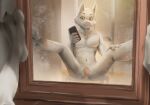  anthro canid canine canis domestic_dog fur hi_res male mammal mirror mirror_selfie selfie sitting solo stampmats white_body white_fur yellow_eyes 