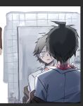  1boy ahoge bangs bathroom brown_eyes brown_hair danganronpa_(series) danganronpa_2:_goodbye_despair grey_shirt hand_up highres hinata_hajime indoors jacket messy_hair mirror neck_tattoo off_shoulder shirt short_hair solo surprised tattoo tile_wall tiles ziling 