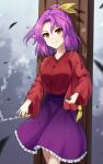  1girl closed_mouth hair_ribbon highres holding holding_smoking_pipe japanese_clothes kimono kiseru komakusa_sannyo long_sleeves looking_at_viewer ponytail purple_hair purple_skirt red_eyes red_kimono ribbon short_hair skirt smile smoking_pipe solo standing touhou yellow_ribbon yosshy 