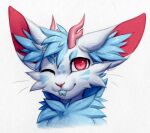  ambiguous_gender blep bloominglynx blue_hair blue_inner_ear_fluff blue_tongue cheek_tuft facial_tuft forked_tongue front_view fur glistening glistening_eyes glistening_hair hair hi_res inner_ear_fluff looking_at_viewer neck_tuft one_eye_closed pink_antlers red_eyes red_inner_ear red_nose sea_(herbteapot) short_hair signature simple_background solo tongue tongue_out tuft white_background white_body white_fur 
