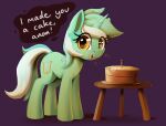  cake candle cutie_mark dessert dialogue digital_media_(artwork) equid equine eyelashes female feral food friendship_is_magic green_body hasbro hi_res horn looking_at_viewer lyra_heartstrings_(mlp) mammal my_little_pony open_mouth open_smile purple_background simple_background smile solo talking_to_viewer thebatfang unicorn yellow_eyes 