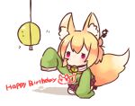  1girl animal_ear_fluff animal_ears bangs bell blonde_hair blush chibi closed_mouth commentary_request confetti_ball fox_ears fox_girl fox_tail green_shirt hair_between_eyes hair_bun hair_ornament happy_birthday jingle_bell kemomimi-chan_(naga_u) long_sleeves neck_bell necktie orange_necktie original pleated_skirt purple_eyes purple_skirt ribbon-trimmed_legwear ribbon_trim sailor_collar shadow shirt simple_background skirt sleeves_past_fingers sleeves_past_wrists solo sweat tail thighhighs trutsmn white_background white_sailor_collar white_thighhighs 