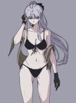  1girl adjusting_hair alternate_costume arm_at_side bare_shoulders bikini black_bikini black_bow black_gloves bow braid breasts cleavage closed_mouth collarbone commentary_request cowboy_shot danganronpa:_trigger_happy_havoc danganronpa_(series) gloves grey_background groin hair_bow hand_up highres kirigiri_kyouko large_breasts long_hair maem_(77lrik) navel ponytail simple_background solo stomach swimsuit 