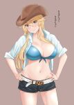  1girl alternate_costume bell bikini blonde_hair blue_bikini blue_eyes blue_shirt breasts brown_background collarbone cowboy_hat cowboy_shot hands_on_hips hat highres iowa_(kancolle) jouzaburou_(joe3) kantai_collection large_breasts long_hair looking_at_viewer navel open_clothes open_shirt shirt shorts sleeves_rolled_up solo star-shaped_pupils star_(symbol) swimsuit symbol-shaped_pupils 