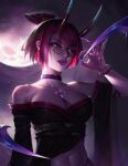 1girl bangs bare_shoulders bead_bracelet beads blood_moon_(league_of_legends) blood_moon_evelynn bracelet breasts collarbone detached_sleeves evelynn_(league_of_legends) gesture glasses hair_ornament highres horns jewelry large_breasts league_of_legends looking_at_viewer moon nail_polish navel off_shoulder outdoors pink_eyes pink_nails red_hair red_horns round_eyewear shen_fan shiny shiny_hair short_hair solo tongue tongue_out 