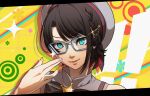  ! !! 1girl aqua_eyes beret black-framed_eyewear black_hair commentary_request glasses hair_ornament hairclip hat hololive looking_at_viewer oozora_subaru parody persona persona_4 portrait short_hair smile solo sparkle style_parody takami_masahiro virtual_youtuber 