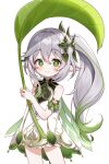  1girl absurdres armlet bangs bare_shoulders blush closed_mouth colored_tips cowboy_shot cross-shaped_pupils dress female_child gem genshin_impact green_eyes green_gemstone hair_between_eyes hair_flaps hair_intakes hair_ornament hands_up highres holding holding_leaf leaf long_hair looking_at_viewer multicolored_hair nahida_(genshin_impact) pn_(wnsl216) pointy_ears short_dress side_ponytail sidelocks simple_background smile solo streaked_hair thighs two-tone_hair water_drop wet wet_hair white_background white_dress 