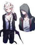  1boy absurdres ahoge bangs black_jacket black_necktie black_pants blush borrowed_garments danganronpa_(series) danganronpa_2:_goodbye_despair demon_boy demon_tail demon_wings dress_shirt formal green_jacket grey_background grey_shirt highres hinata_hajime hood hood_up hooded_jacket horns jacket multiple_views neck_tattoo necktie open_clothes open_jacket pants pointy_ears red_horns shirt short_hair simple_background sweatdrop tail tattoo white_hair wings ziling 