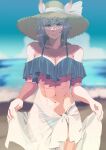  1girl abs animal_ears bangs beach bikini blurry blurry_background borrowed_character breasts cleavage commentary_request cowboy_shot depth_of_field ears_through_headwear frilled_bikini frills genderswap genderswap_(mtf) green_bikini hat hat_ribbon highres horse_ears horse_girl kumabachi315 looking_at_viewer medium_hair mejiro_titan_(racehorse) muscular muscular_female navel ocean original purple_eyes purple_hair ribbon sarong see-through sidelocks solo straw_hat sun_hat swimsuit umamusume white_ribbon 