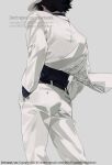  1boy ass black_hair black_shirt formal from_behind from_below grey_background hands_in_pockets jacket kaitou_kid kidkuroba4869 long_sleeves male_focus meitantei_conan pants shirt shirt_tucked_in simple_background solo suit watermark white_headwear white_jacket white_pants white_suit 