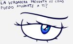  anthro blue_eyes dialogue eyebrows female half-closed_eyes narrowed_eyes pankequekun question_mark solo spanish_text text translated white_body zoom_in 