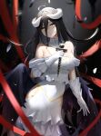  1girl albedo_(overlord) angel_wings bangs bare_shoulders black_background black_hair black_wings breasts closed_mouth demon_horns dress elbow_gloves feathers gloves highres holding holding_microphone horns large_breasts lips long_hair looking_at_viewer microphone overlord_(maruyama) qing_wu solo standing white_dress white_gloves wings yellow_eyes 