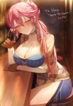  1girl alcohol bangs bar belt black_gloves blurry blurry_background blush breasts brown_belt brown_eyes cleavage closed_mouth commission counter cup drinking_glass eiyuu_densetsu elbow_rest english_text glint gloves hair_between_eyes highres large_breasts red_hair red_wine sara_valestein sen_no_kiseki sidelocks sitting solo syandega thighs wine wine_glass 