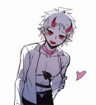  1boy :d absurdres alternate_costume alternate_eye_color alternate_hair_color bangs black_pants collarbone danganronpa_(series) danganronpa_2:_goodbye_despair demon_boy demon_horns demon_tail grey_background heart highres hinata_hajime horns male_focus open_clothes open_mouth open_shirt pants pointy_ears pubic_tattoo red_eyes red_horns short_hair simple_background smile solo tail tattoo ziling 