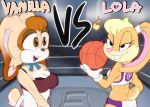  anthro ball basketball_(ball) basketball_uniform blur_(disambiguation) bomb clothed clothing cocky colored crowd detailed_background digital_media_(artwork) duo english_text explosives female fight fighting_pose fighting_ring fire group hi_res lagomorph leporid lola_bunny looney_tunes mammal open_mouth pester pose sega shirt smile sonic_the_hedgehog_(series) sportswear tank_top text title_card topwear uniform vanilla_the_rabbit vs warner_brothers wrestler_costume 