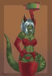  big_breasts breasts cake clothing dessert deygdrixedragon diana_digma dragon female food green_body green_scales handwear hi_res horn scales scalie smile solo underwear 