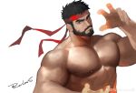 1boy abs absurdres bara beard biceps black_hair completely_nude facial_hair frown hand_up headband highres large_pectorals looking_at_viewer male_focus mature_male muscular muscular_male mustache nipples nude open_hands pectorals powerlesssong ryu_(street_fighter) short_hair solo street_fighter street_fighter_6 thick_eyebrows unfinished upper_body veins veiny_arms wind 